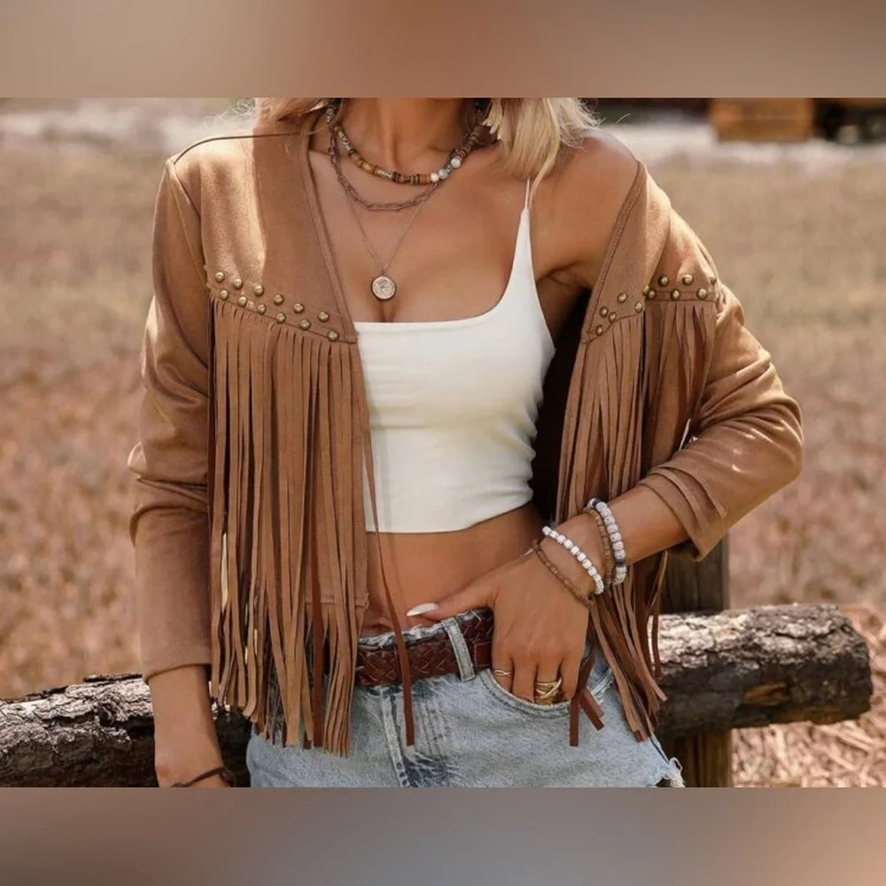 Women's Faux SuedeTan Fringe Jacket - Picture 2 of 9
